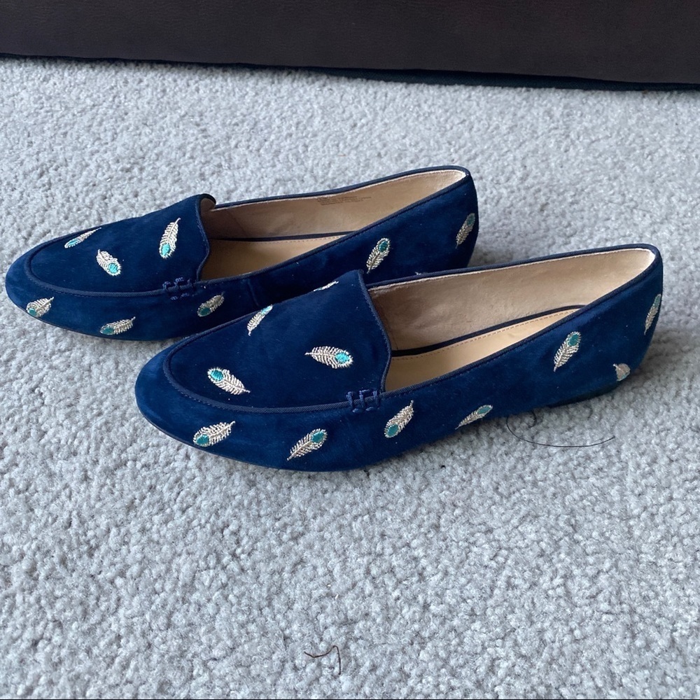 TALBOTS Navy Blue Suede Feather Embroidered Slip-On Loafer sandal NWOT size 7.5M